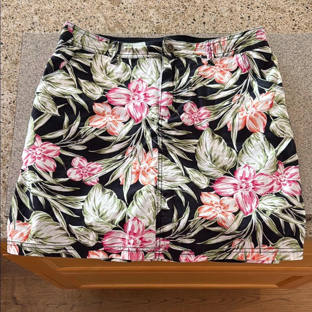 Black and Pink Bermuda Skort with Tropical Floral Print